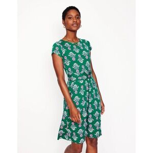 Boden Amelie Jersey Dress Forest Grass Pansy Stamp Size 14L Pockets Preppy